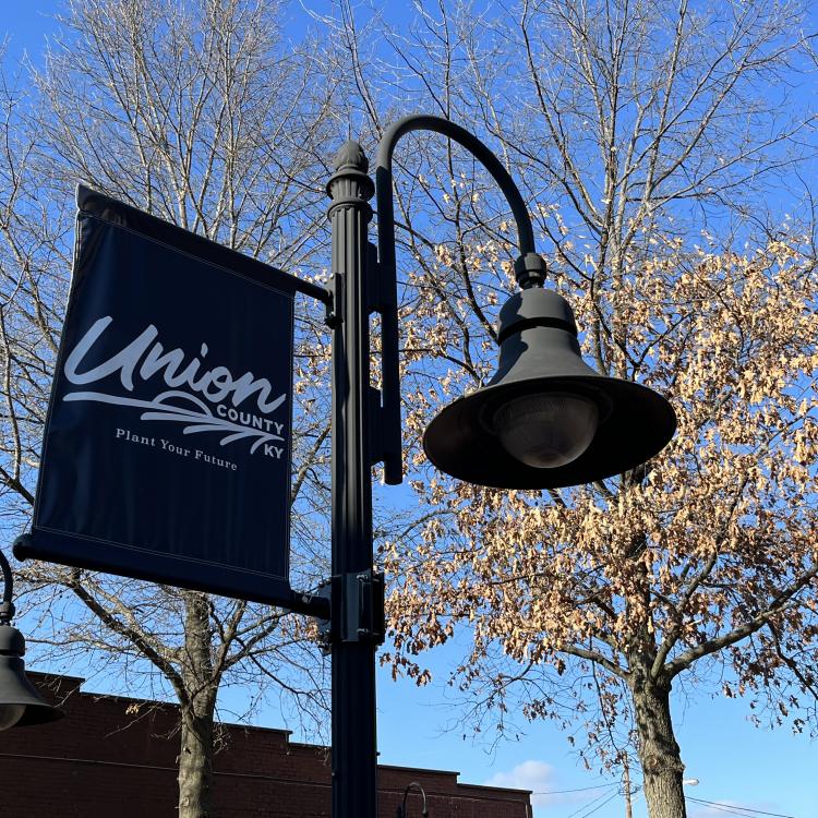  lamp post, flag with union county, trees in background 