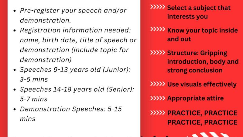 red background with speech and demonstration dates and times